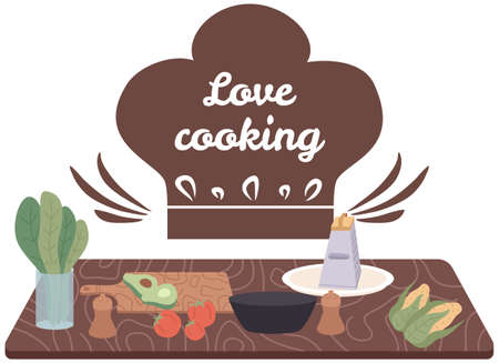 Premium cooking class design elements. Kitchen emblem, food studio label. Culinary school badge. Hand drawn lettering for cooking masterclass. Process of food preparation, ingredients for dish conceptのイラスト素材