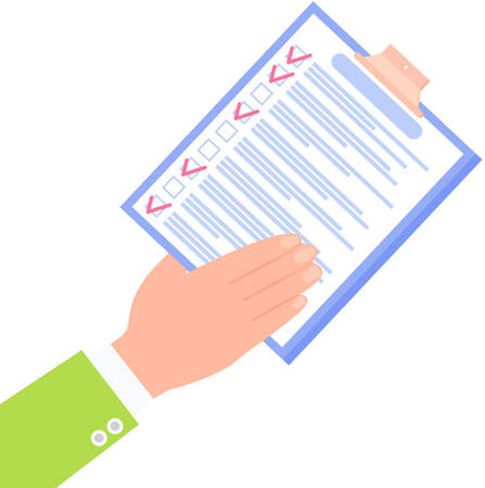 Clipboard with checklist, daily plan with tick marks. Human hand points to checklist, to do list. Check sheet, scheduling timetable, planning schedule, time management, task completed conceptのイラスト素材