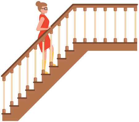 Woman in dress climbs stairs holding on to railing. Stairs classical icon with banisters fence. Ladder, wooden staircase with handrail isolated on white background. Lady climbing up steps of stairsのイラスト素材