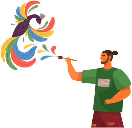 Man in process of drawing. Mental mindset, creative models to create picture. Mind behavior, creativity, imagination development concept. Guy creates masterpiece of art, draws abstract birdのイラスト素材