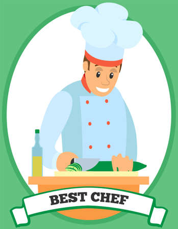 Best chef logo chef stands with cutting board and knife. Man prepares dish, cuts cucumber, vegetable for salad. Chef works with kitchen equipment to prepare food. Cook cuts ingredients to healthy mealのイラスト素材