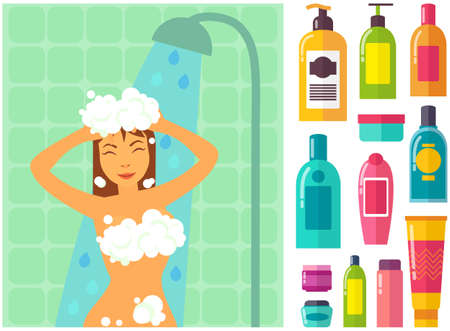 Hygiene personal care ojects. Beautiful woman showering near hygienic bath products in bathroom. Set of bodycare toiletries, soap, shampoo, shower gel. Girl bathes in foam, washing her bodyのイラスト素材