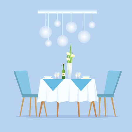 Restaurant with light color decoration interior vector. Fine cuisine, vase with flowers and bottle of alcoholic drink champagne banquet for celebrationのイラスト素材