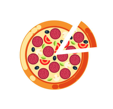 Pizza slice vector, pizzeria Italian food cuisine isolated icon. Rounded meal with salami, mushrooms and olives, greenery and tomatoes, crust bakeryのイラスト素材