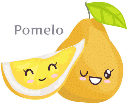 Cute pomelo sticker kawaii icon vector design. Adorable cute charming tropical fruit with positive emotions, event or very pleasant situation, japanese culture symbol anime, innocence and childishnessのイラスト素材