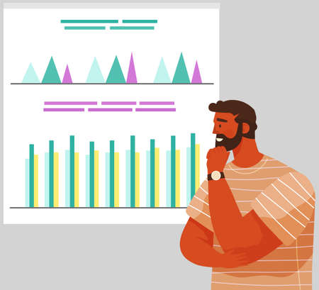 Man studies business finance on presentation board, bar chart graphic report web infographic. Business statistics and data analysis. Businessman works with statistical indicators diagram growthのイラスト素材