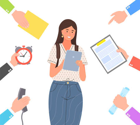 Work circle and working young woman poster. Hands with documents clock and phone, dealing with taks. Multitasking, overload at work, brainstorming concept. Lady surrounded by hands with business itemsのイラスト素材