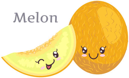 Melon sticker kawaii icon vector design. Adorable charming tropical fruit with positive emotion, japanese culture symbol anime. Sweet melon with smiling face. Facial expression in cute oriental styleのイラスト素材