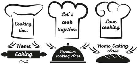 Set of chef logo design with modern concept. Hand writings about kitchen, food and cooking. Hand drawn letterings in simple style, ink or pen outlines of chef s hat. Baking, cooking, culinary conceptのイラスト素材