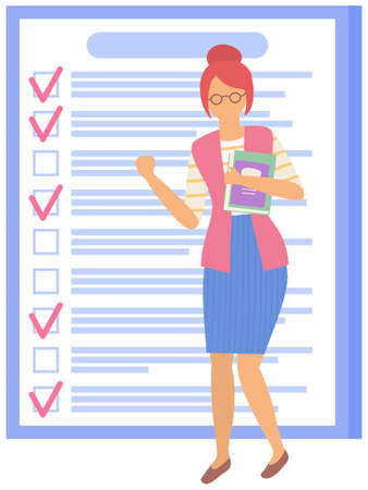 Month scheduling, to do list, time management concept. Woman stands near to do plan and planning schedule. Plan fulfilled, task completed, timetable sheet. Lady works with check list planningのイラスト素材