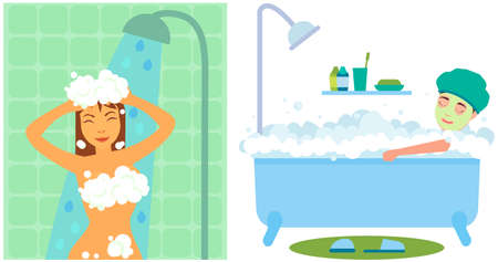 Hygiene, personal beauty care concept. Woman showering, cleaning her body and hair under shower. Girl bathes in foam, washing her body in bathroom. Lady sits in hot tub, takes bath, makes face maskのイラスト素材