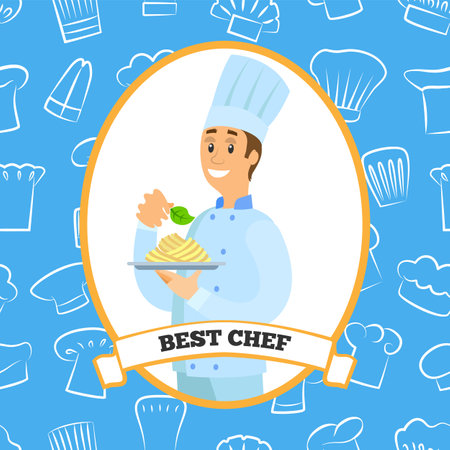 Best chef logo Man holds plate with ready-made meal. Restaurant service, breakfast or dinner dish. Design for Italian restaurant. Chef standing with plate of pasta, dish of italian cuisine in cafeのイラスト素材