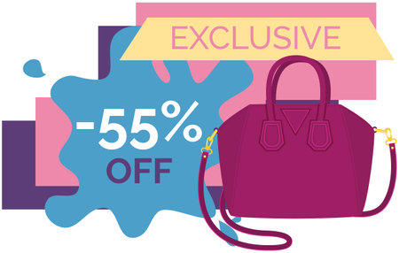 Sale poster with womens bag. Discount, special offers promotion, shopping advertisement. Hand drawn style vector design illustration shop now concept, black friday marketing advertising templateのイラスト素材