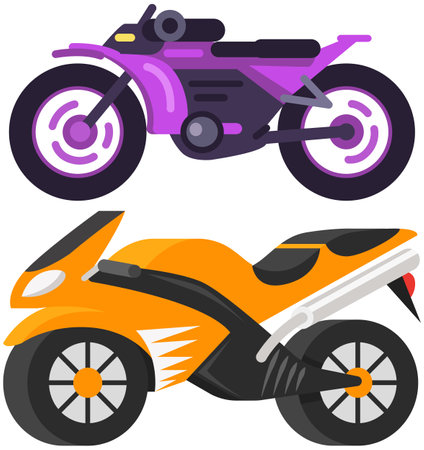 Modern motorcycle, vector illustration urban life, ride motorbike in city. Fast for food delivery. Petrol or electric motorcycle design. Light motorcycle transportation. Two-wheeled vehicle one-seaterのイラスト素材