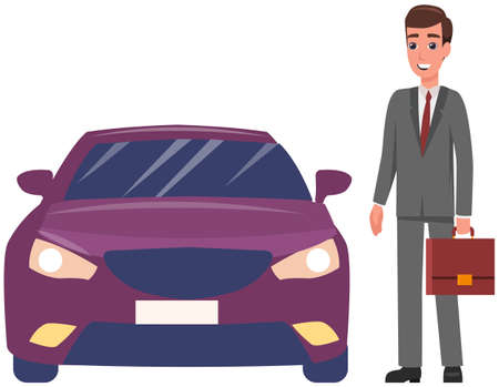 Man working in field of business stands with briefcase. Smiling businessman in suit with tie next to his personal transport. Male character in business suit, entrepreneur near expensive carのイラスト素材
