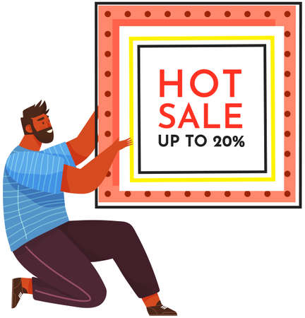 Buy now sale banner. Sale and discounts. Reduction offer vector poster with happy man. New arrival, sale and special offer. Black friday. Big discount with boy pointing hand super price propositionのイラスト素材