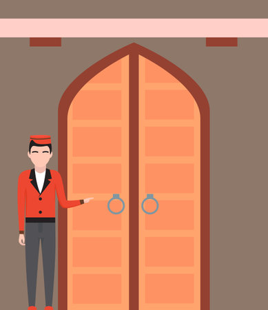 Doorman standing in front of hotel entrance doors. Young man in uniform working as belboy. Hotel employee opening doors to visitors. Male doorman near large building gates vector illustrationのイラスト素材