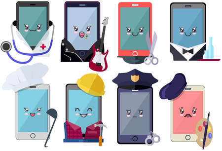 Set of funny cartoon mobile phone, smartphone characters with human faces, various emotions. Smartphones with different professions in cute kawaii style. Japanese culture symbol anime designのイラスト素材