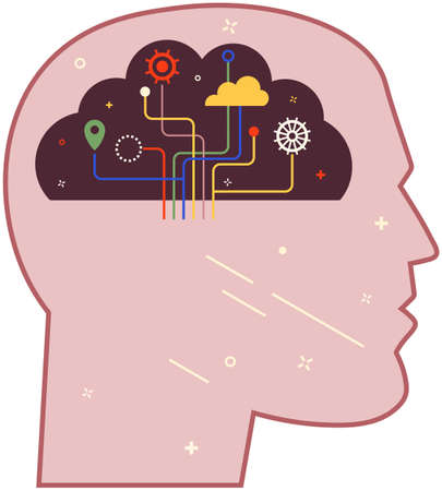 Person in process of thinking with mental mindset or creative models to solve problem. Human head with thoughts in shape of cloud. Developing creative thinking to deal with problems, find solutionsのイラスト素材
