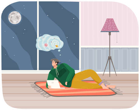 Man lying on couch with computer, holding laptop and correspondence surfing in Internet. Male character communicating with friends, studying remotely, sitting on floor, relaxing, resting after workのイラスト素材