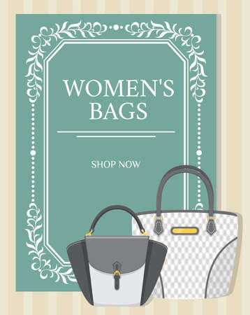 Sale poster with women's bag. Discount, special offers promotion, shopping advertisement. Hand drawn style vector design illustration shop now concept, orange color marketing advertising templateのイラスト素材