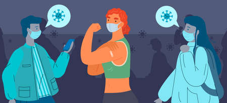 Stop coronavirus agitation concept. Vaccination promo, immunization of workers. Vaccine saves lives. People wearing protective mask showing their arm with bandage after receiving covid-19 vaccineのイラスト素材