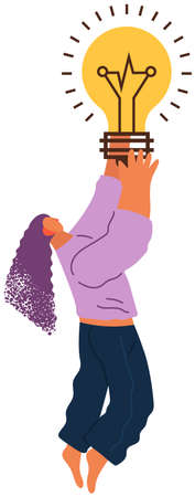 Concept of great idea. Man has good idea. Solution of problem, creative thinking, new startup. Idea generation, imagination, creativity, solution. Thinking businesswoman and light bulb, inspirationのイラスト素材