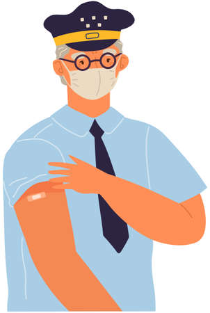 Stop agitation concept. Vaccination promo, immunization of workers. Vaccine saves lives. People wearing protective mask showing their arm with bandage after receiving vaccineのイラスト素材