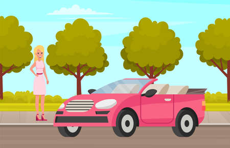 Pretty girl with beautiful hair in dress stands near pink car. Representative of fair sex, young blonde woman in dress and heels driving vehicle. Smiling lady in sundress standing next to transportのイラスト素材