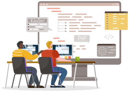 Programmer engineering and coding. Coder programmers working on web development on computer. Concept of script coding and programming in php, javascript, python, other languages. Software developersのイラスト素材