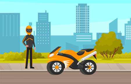 Biker rides motorcycle along city road. Motorcyclist riding vehicle. Male character drives motorbike isolated on white background. Man in racer overalls and helmet sitting on sports bike side viewのイラスト素材