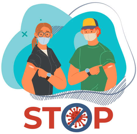 Stop coronavirus agitation concept. Vaccination promo, immunization of workers. Vaccine saves lives. People wearing protective mask showing their arm with bandage after receiving covid-19 vaccineのイラスト素材