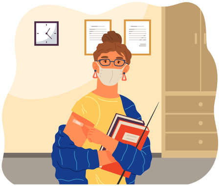 Young woman wearing protective mask showing her arm with bandage after receiving vaccine.のイラスト素材