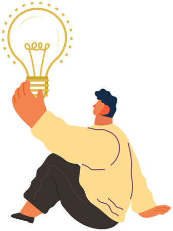 Concept of great idea. Man has good idea. Solution of problem, creative thinking, new startup. Idea generation, imagination, creativity, solution. Thinking businessman and light bulb, inspirationのイラスト素材