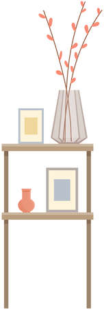 Bedside table with flower in vase and photo frames. Wooden table, nightstand fashionable furniture interior concept flat isolated illustration. Storage furniture with open shelves interior elementのイラスト素材