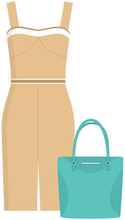 Women fashion color set with dress and handbag isolated vector illustration elements of women wardrobe clothes and accessories. Green bag and beige sheath dress, stylish look for young girlのイラスト素材
