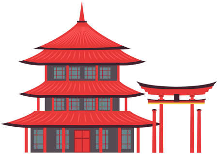 Asian or Chinese building or temple in traditional style isolated on white background. Traditional asian construction pagoda ancient house cultural architecture object. Palace roof bent up cornerのイラスト素材