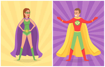 Strong super man and super woman smiles and flies to save world stretched out his hand. Brave character in superhero costume with cloak. Cartoon person hurries to protects people from villainsのイラスト素材