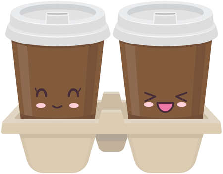 Cute paper cup coffee to go sticker kawaii icon vector design. Adorable cute charming hot drink in cup with positive emotions, japanese, oriental culture symbol anime, innocence and childishnessのイラスト素材