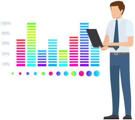 Man studies statistics on presentation. Male character working with report. Manager working and analyzing financial statistic. Male marketer examines information about metrics. Data screen with chartsのイラスト素材