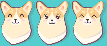 Pembroke welsh corgi. Kawaii breed corgi stickers set, funny little dog, cute face and red wool front view. Friendly puppy character. Hand drawn trendy modern illustration in flat cartoon styleのイラスト素材