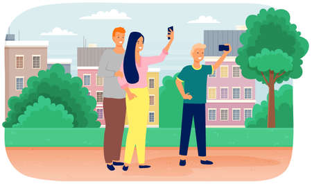 Group of friends take selfie on phone while walking in park. Friendship, photo in garden. People take pictures during meeting outdoor on weekend, use smartphone to record post for social networkのイラスト素材