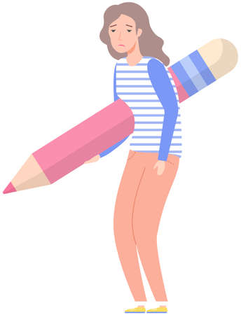 Sad woman holding big pencil. Writer, bloggers, journalists, interviewer, screenwriter, copywriter, author, draftsman concept. Girl gets upset about some event with her bent back and pencil in handのイラスト素材