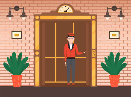 Modern elevator made in old vintage style. Door to cabin of mechanical lift with lifting mechanism. Doorman standing inside retro lift. Elevator with doors and floor counter vector illustrationのイラスト素材