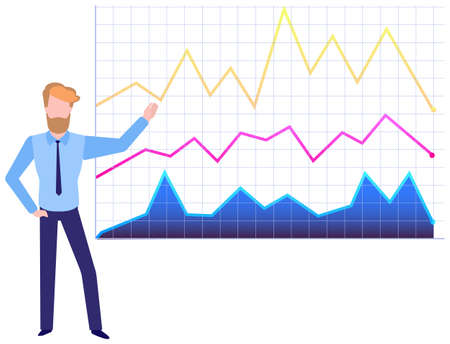 Man studies statistics on presentation. Male character working with report. Manager working and analyzing financial statistic. Male marketer examines information about metrics. Data screen with chartsのイラスト素材