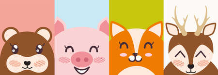 Vector set of cartoon kawaii wildlife and farm animals icons. Stickers, emoji design elements for kids. Cute animals faces, pig, bear, fox and deer characters. Funny pets, friendly smiling personageのイラスト素材