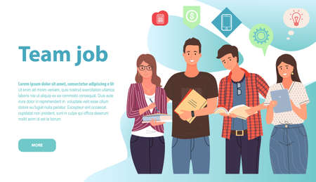 Business people have teamwork, brainstorming. Office team, multicultural collective workers. Landing page of business website design. Multinational colleagues, company employees for web page layoutのイラスト素材