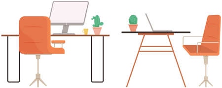 Modern workplace flat design. Office chair and office desk. Furniture and equipment for workplace of employee or office worker, vector interior workspaceのイラスト素材