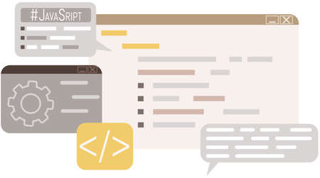 Application for work of programmers graphics creation and completing tasks vector illustration of screen with information letters and gear. Software development program. Concept of working on computerのイラスト素材
