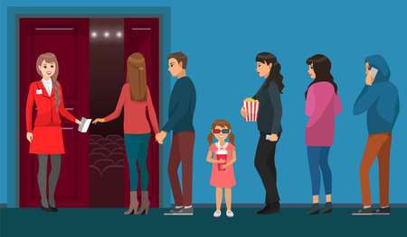 People go through ticket control to get to cinema. Checkpoint at entrance to cinema with ticket controller. Characters in line before watching movie. Female worker controls visitors of movie houseのイラスト素材